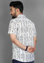 Men's Printed Half Sleeves Spread Collar Casual Shirt White & Black